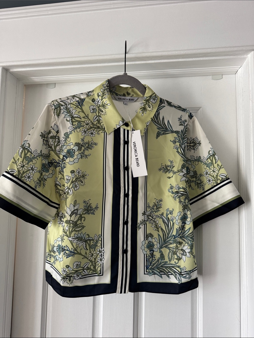Veronica Beard Spruce pistachio Green Floral Silk Button-Front Shirt